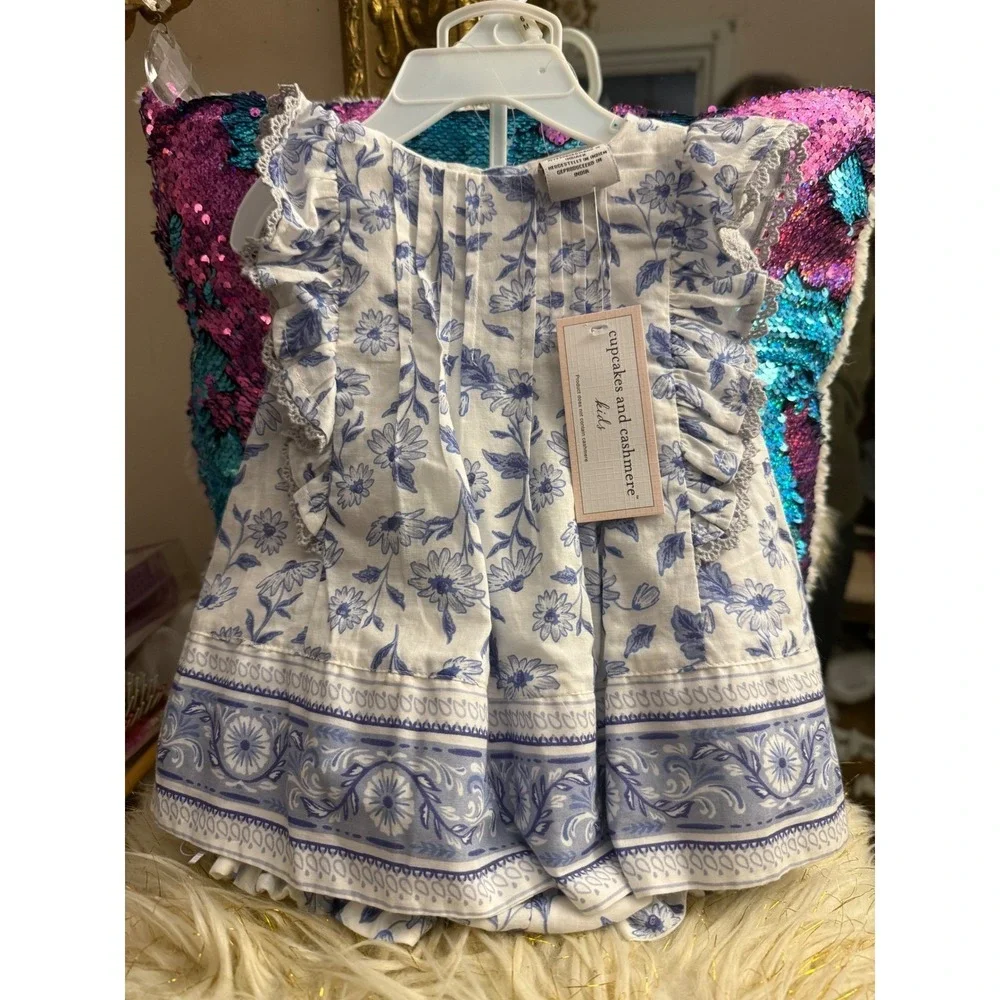 Cupcakes and Cashmere Kids Blue Floral 3pc Set Top Bloomers Headband 3-6M NWT - Picture 8 of 8